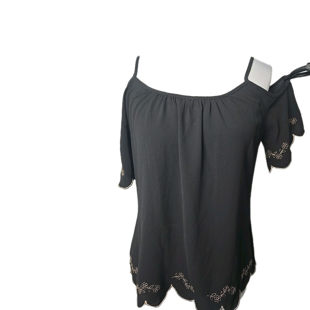 HeartSoul Black Scalloped Edge Cold Shoulder Spaghetti Strap Blouse Junior Small